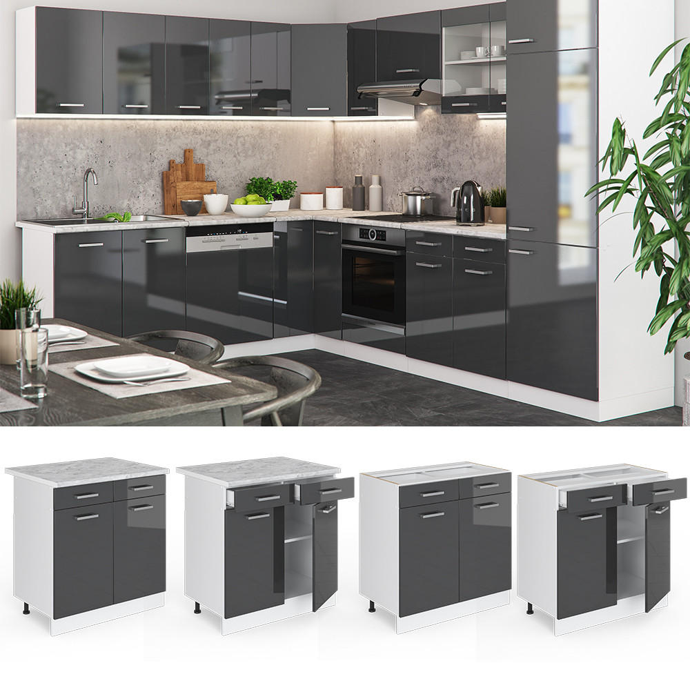 Thumbnail - Vicco Küchenunterschrank, Schwarz Hochglanz, Weiß, Holzwerkstoff, 3 Fächer, Rechteckig, 80x81.6x60 cm, Küchen, Küchenmöb...