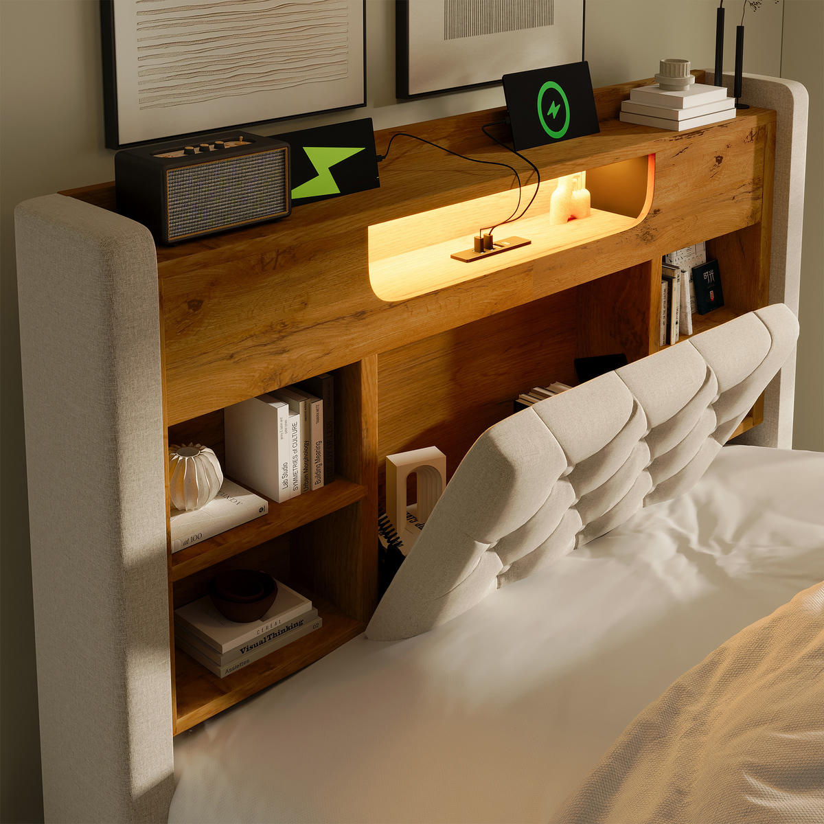 ČALOUNĚNÁ POSTEL 90/200 cm v béžové barvě s úložným prostorem, LED a USB-C - béžová, kov/kompozitní dřevo (90/200cm) - CHICFURN