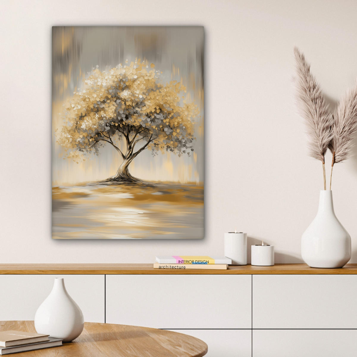 LEINWANDBILD Gemälde - Baum - Abstrakt - Blätter Wandbild Wohnzimmer 60x80 cm - Beige, Textil (60/80cm) - MuchoWow