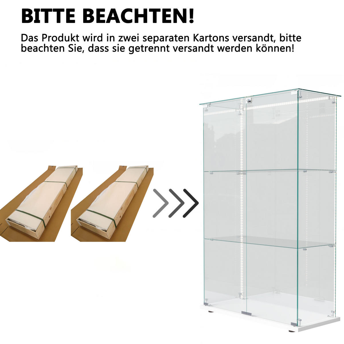 GLASVITRINE, stehend mit 3 Einlegeböden, LED-Lichtleiste, Doppeltür mit Sicherheitsschloss in Weiß - Weiß, Glas (35/123.3/78.5cm) - BRILVERDE