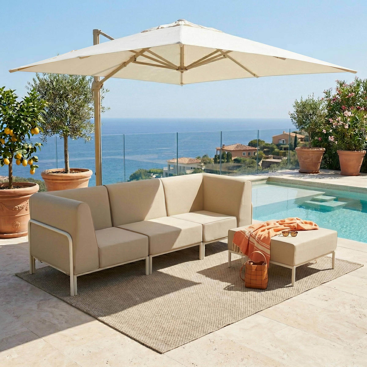GARTENSOFA mit 4 Sitzplätzen, Beige - Beige, Textil (80/78/216cm) - Oviala