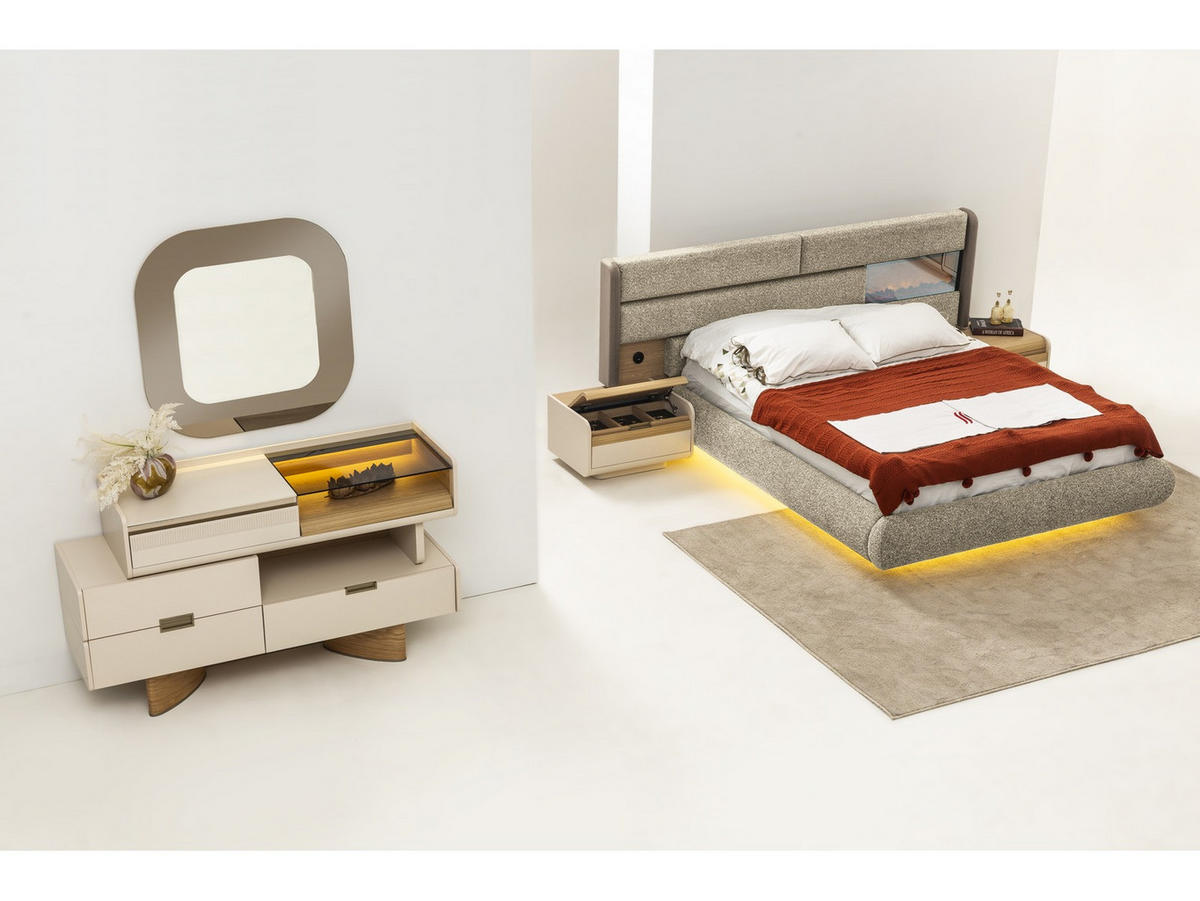 BETTANLAGE Aura Neu Typ-1 Bett mit Kopfteil, 2 Nachttische, Kleiderschrank und Kommode - Beige, Holzwerkstoff (160/200cm)