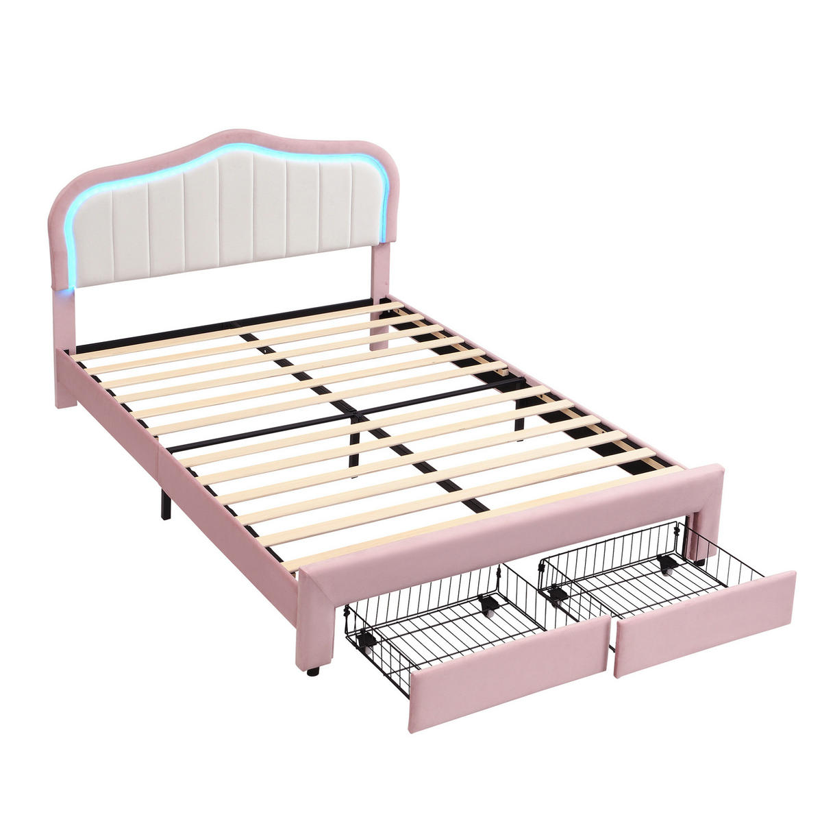 KINDER-POLSTERBETT aus Samt 140x200 cm Rosa mit Schubladen und App-gesteuerter LED-Beleuchtung - Pink, Textil (140/200cm) - Modfu