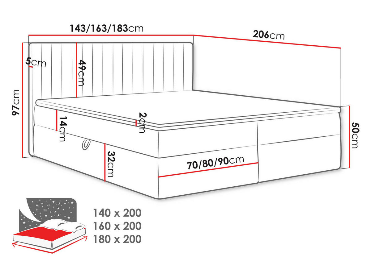 BOXBETT Tirulo - Dunkelgrau/Schwarz, Holzwerkstoff/Kunststoff (180/200cm) - MIRJAN24