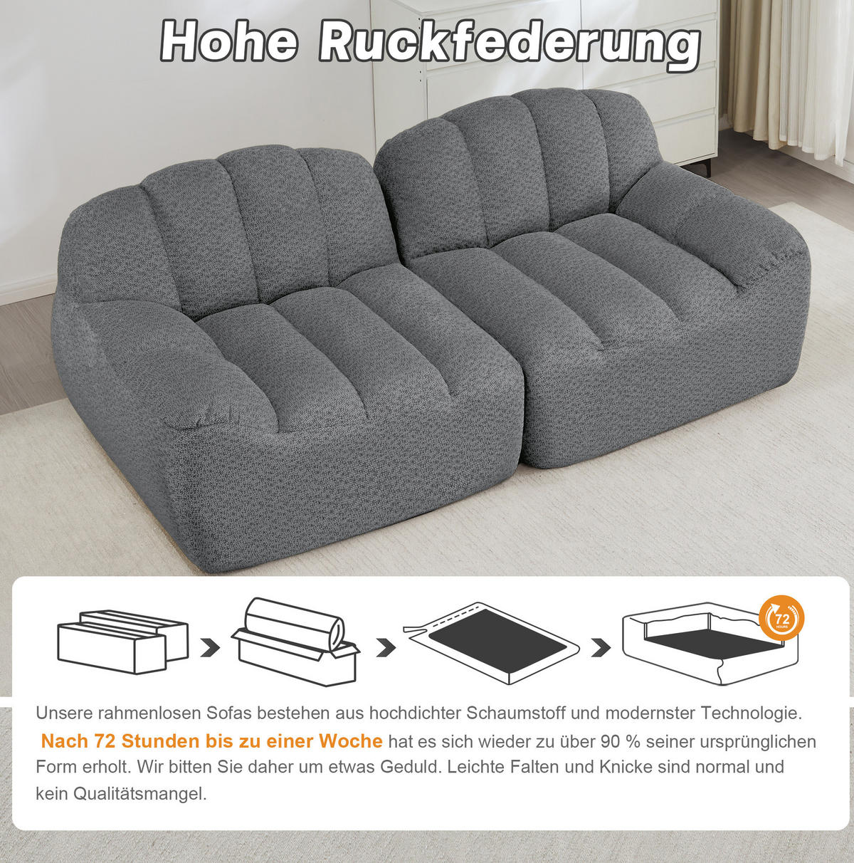 2-SITZER Sofa aus granuliertem Fleece mit modularer Form Grau - Grau, Textil (104/79/210cm) - Modenvie