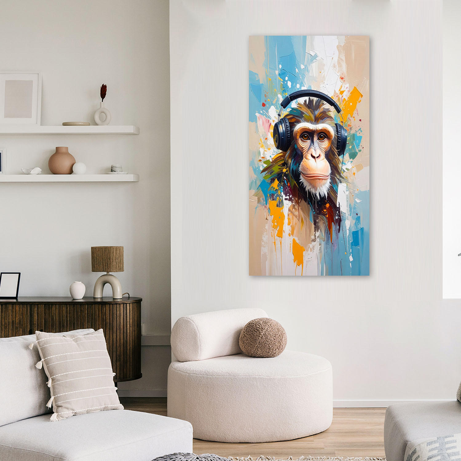 LEINWANDBILD Affe mit Kopfhörern Tier Afrika 60x120cm - Multicolor, Textil (60/120cm) - Feeby