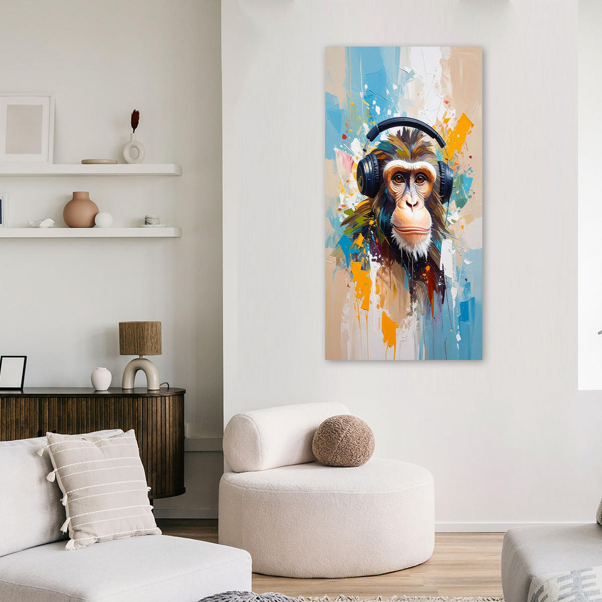 LEINWANDBILD Affe mit Kopfhörern Tier Afrika 60x120cm - Multicolor, Textil (60/120cm) - Feeby