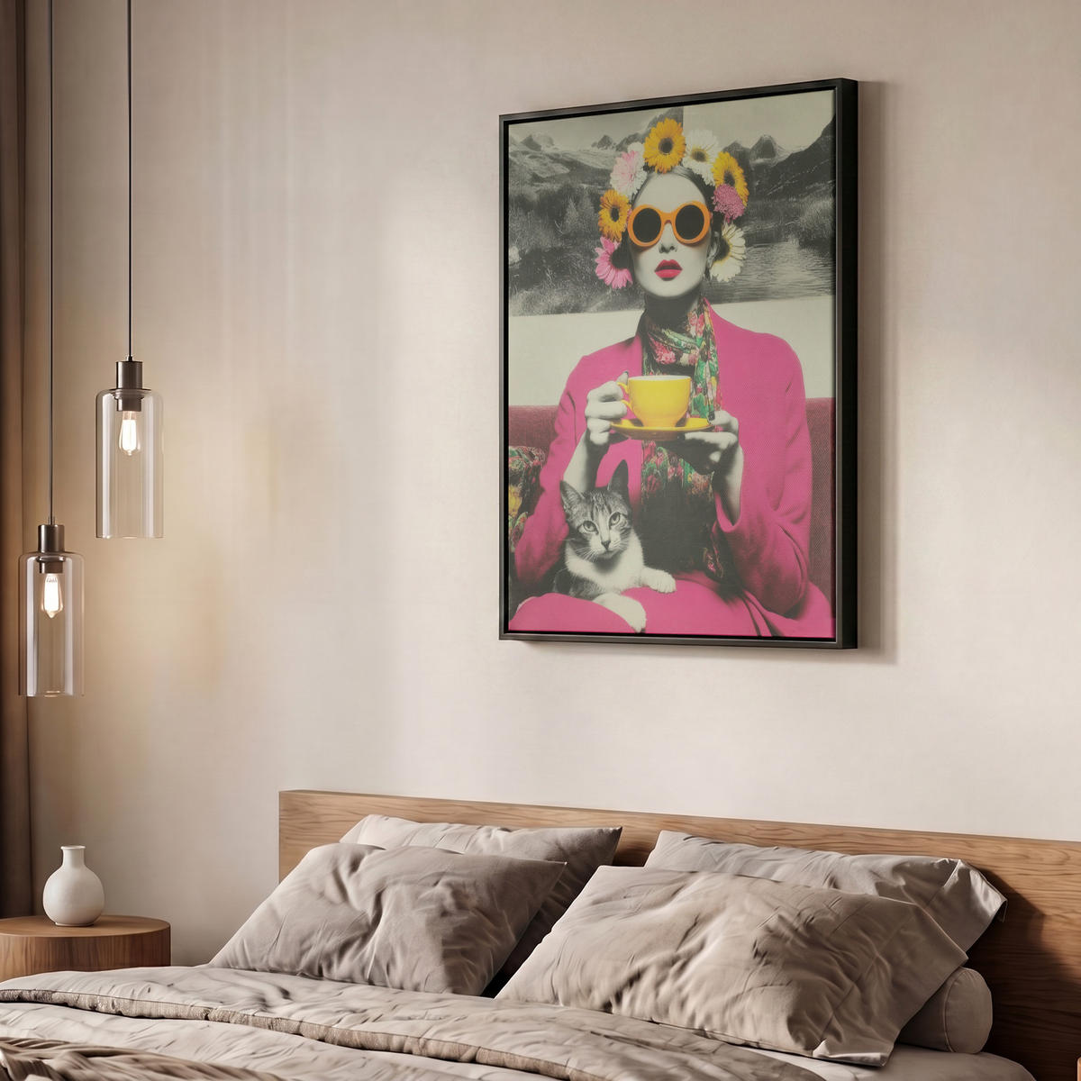 LEINWAND Bilder mit Rahmen - Frau - Katze - Blumen - Tasse - Retro - 50x70 - Magenta, Textil (50/70cm) - MuchoWow