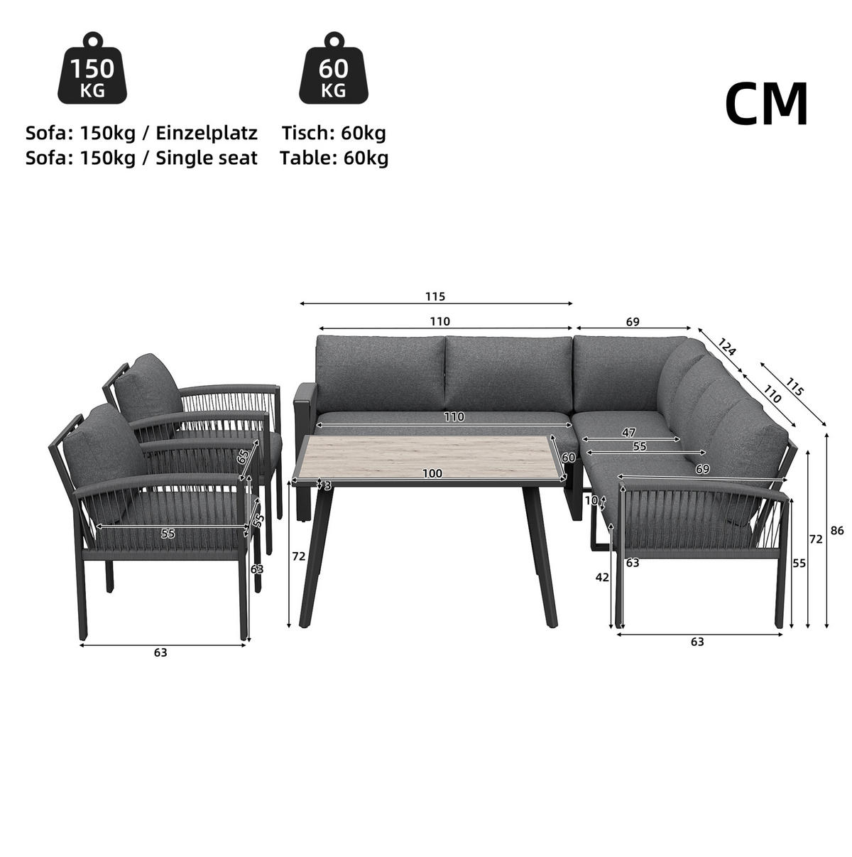 OUTDOOR-SOFASET 124x69x86cm grau aus Metall und mit Kissen - Grau, Holz/Metall - Modfu