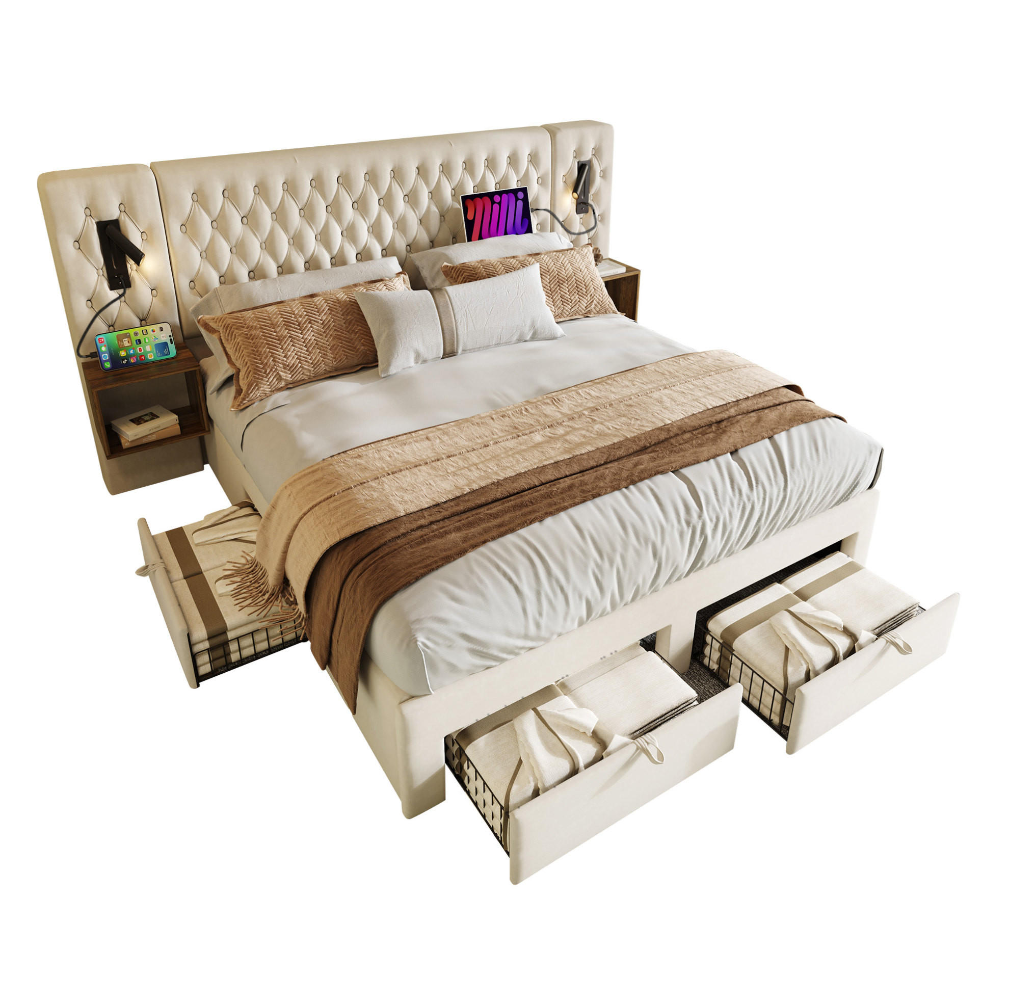 POLSTERBETT 180/200 cm Beige mit Nachttischen und USB-Ladeanschluss Ohne Matratze - Beige, Textil (180/200cm) - OKWISH