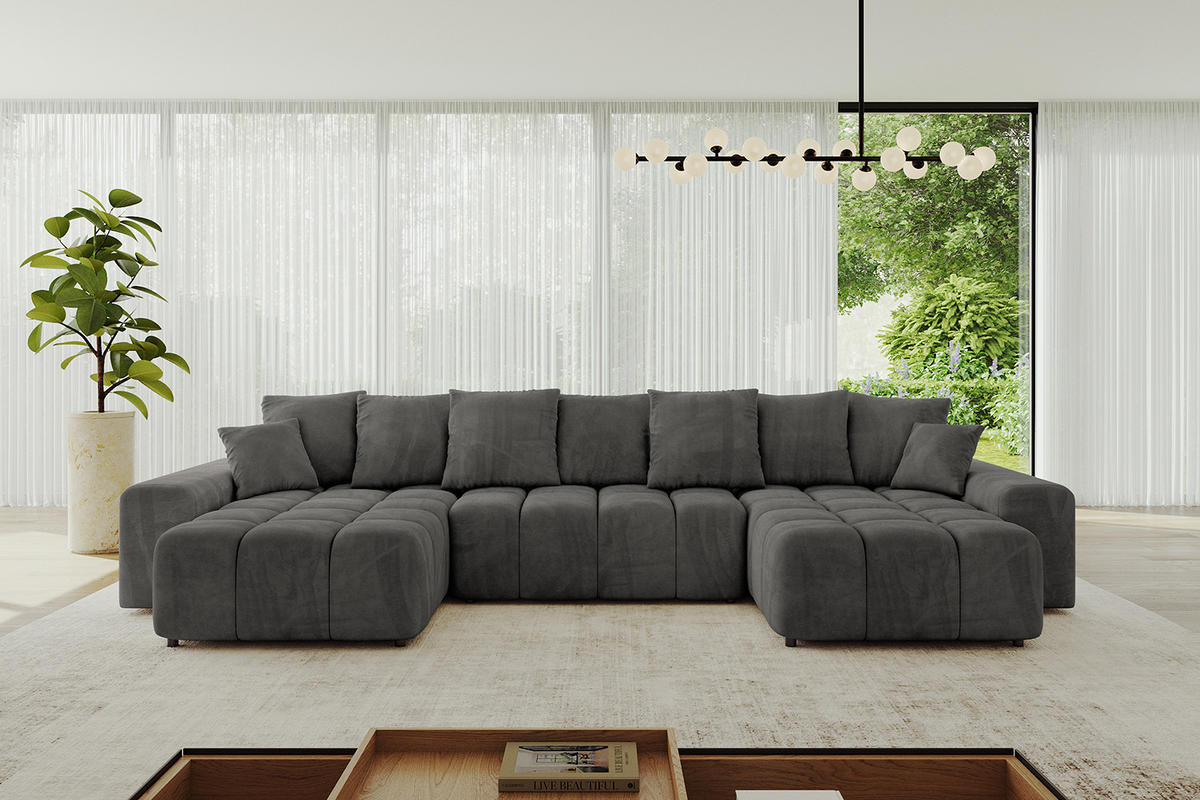 WOHNLANDSCHAFT ENIL-U 390x175x84 Dunkelgrau Velours - Dunkelgrau, Holzwerkstoff/Kunststoff (390/84/175cm) - ALTDECOR