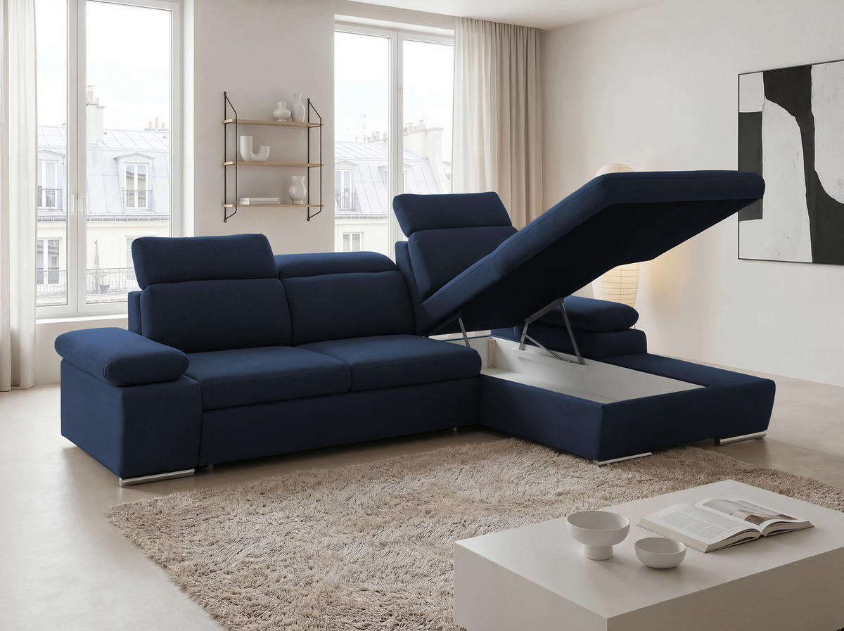 ECKSOFA PABLO mit Schlaffunktion und Bettkasten Marineblau - Dunkelblau, Holzwerkstoff/Kunststoff (250/90cm) - Idohome
