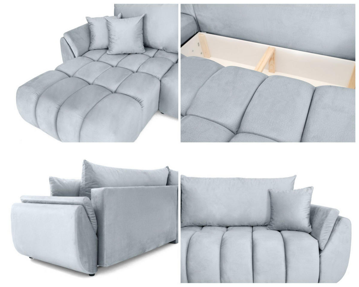 ECKSOFA Iris mit Schlaffunktion und Bettkasten, links oder rechts montierbar – Hellgrau Samt 280/184/85 cm - Hellgrau/Schwarz, Kunststoff/Textil (280/184cm) - WFL GROUP