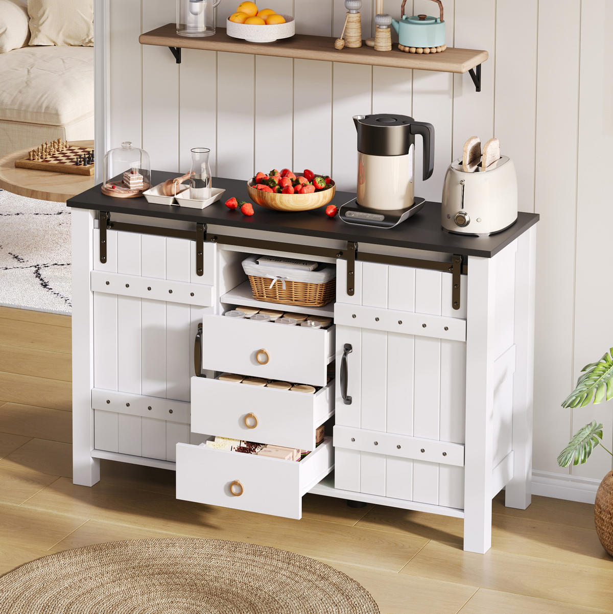 SIDEBOARD aus MDF 120x40x80 cm Weiß mit Schiebetüren und 3 Schubladen im Landhausstil - Weiß, Holzwerkstoff (120/80/40cm) - Modfu
