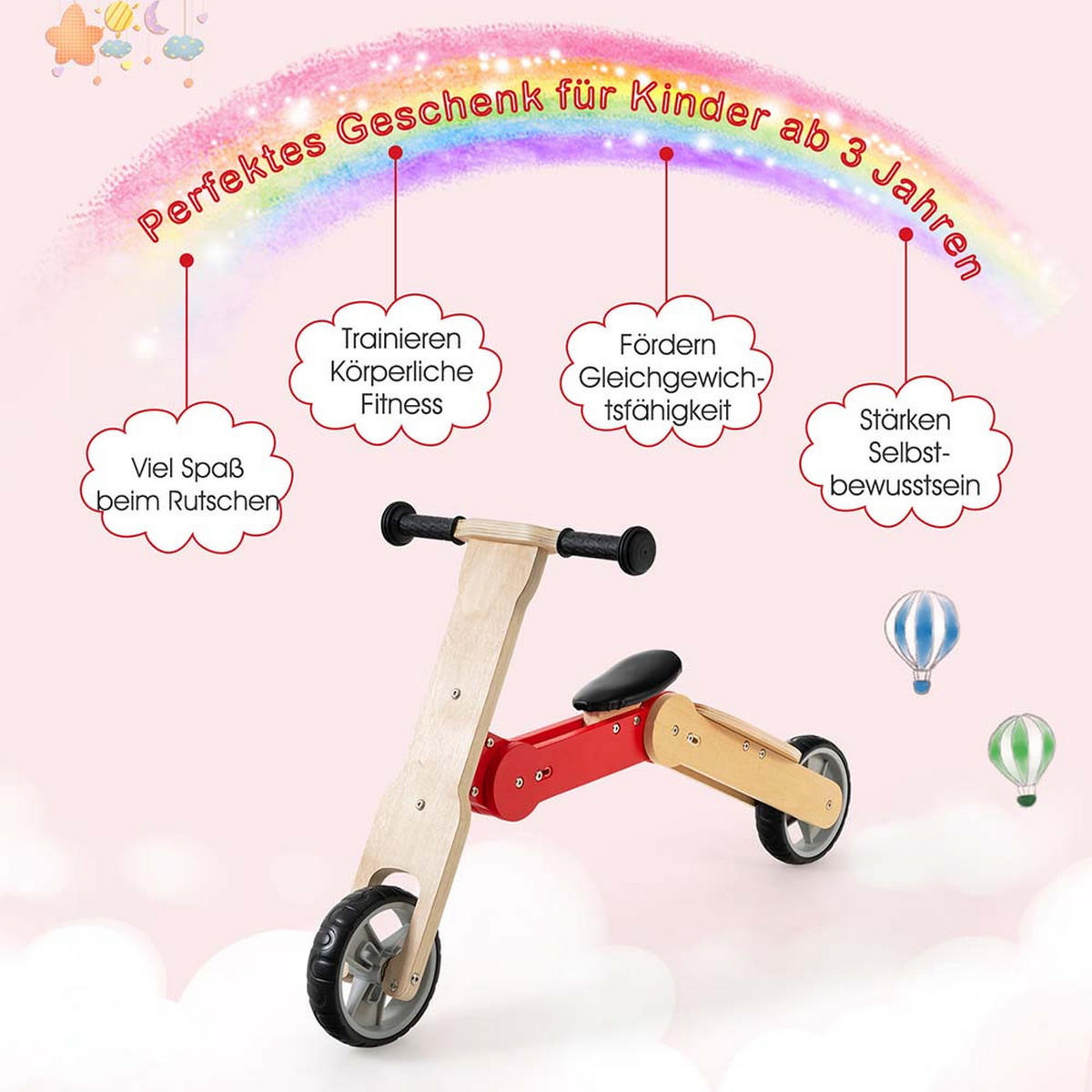 KINDERROLLER umwandelbarer Rot - Rot, Holz (96/38/58cm) - COSTWAY