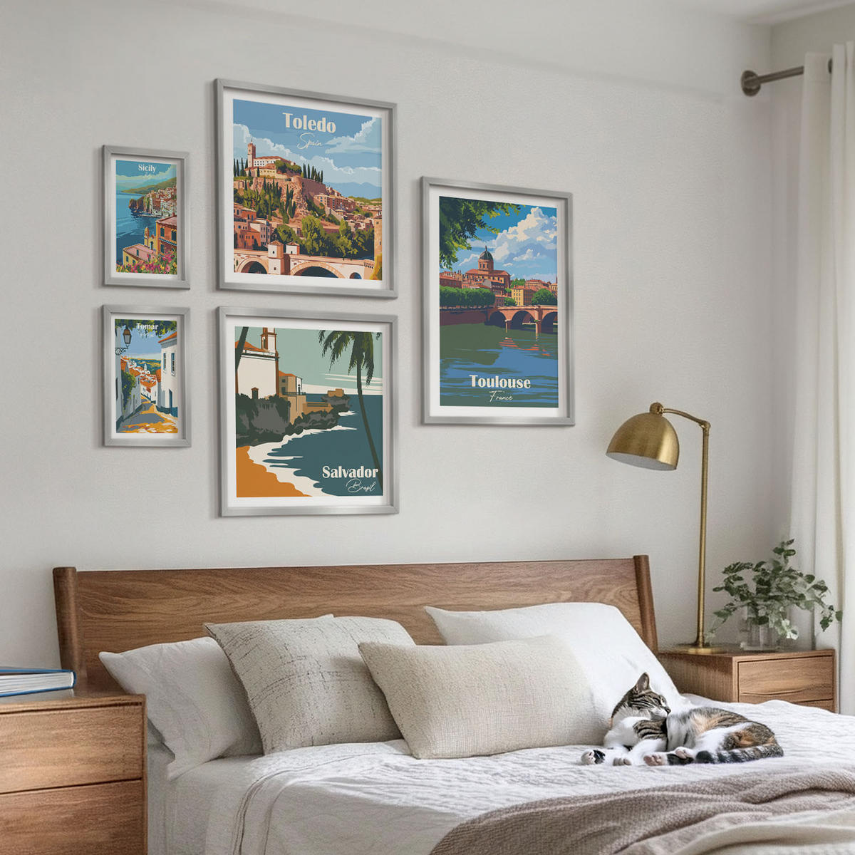 WANDBILDER 5er Set - 50x50 cm & 20x30 cm & 40x60 cm Silberner Rahmen - Illustrationen zur Retro-Architektur der Berge - Silberfarben, Kunststoff (40/60cm) - ArtPrintCave