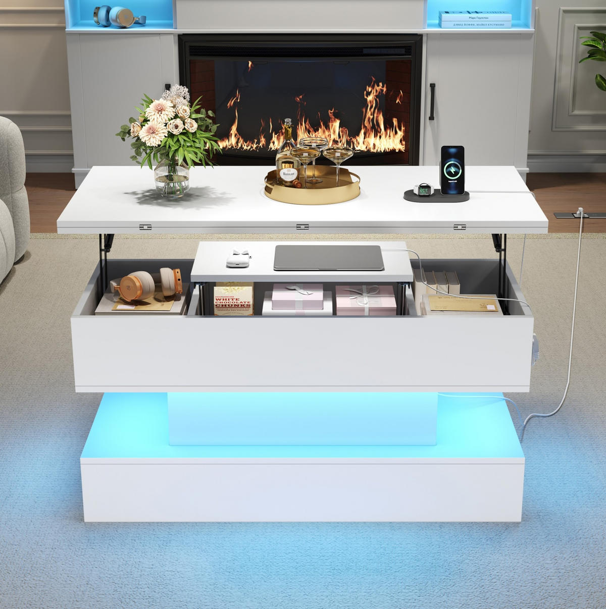 COUCHTISCH aus Spanplatte 100x50x51,5 cm Weiß mit höhenverstellbarer Tischplatte, Stauraum und LED - Weiß, Holzwerkstoff (100/50/51.5cm) - IVMEU