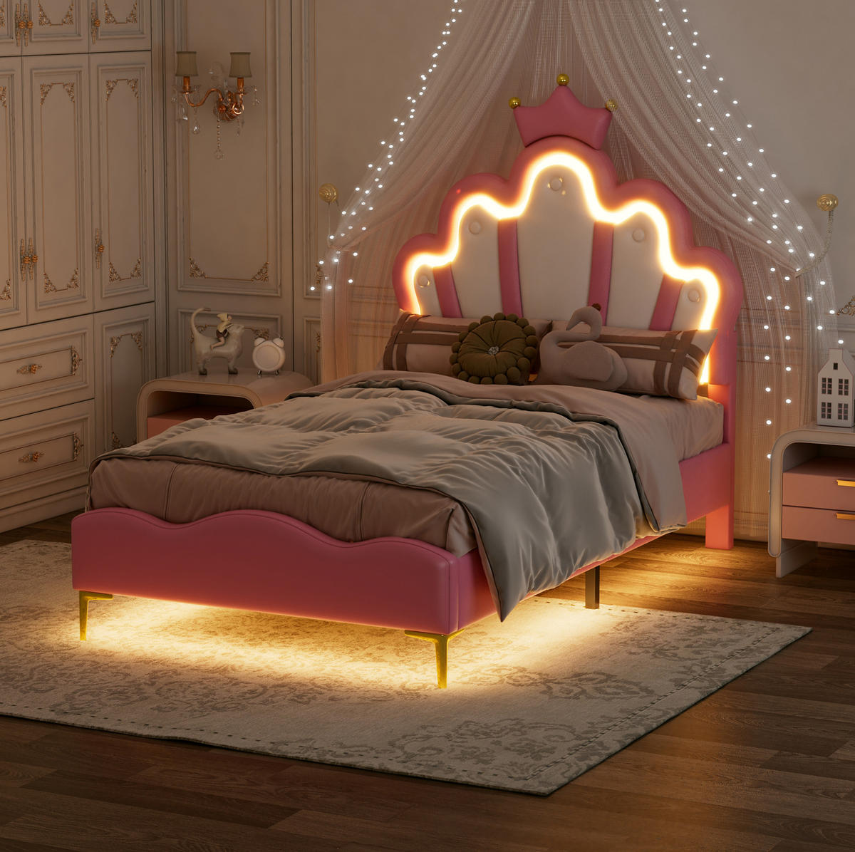 KINDERBETT aus PU-Kunstleder 90x200 cm Rosa mit LED-Beleuchtung, höhenverstellbarem Kopfteil und Kronendesign - Rosa, Kunststoff (90/200cm) - Modfu