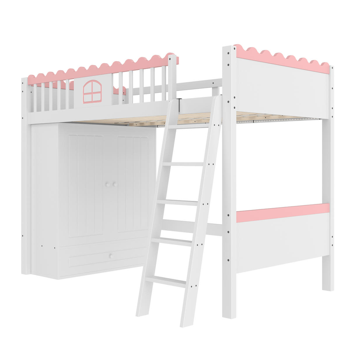 HOCHBETT 90/200 cm in Weiß mit Kleiderschrank, Schublade und LED - Weiß, Holz (90/200cm) - STILVORA