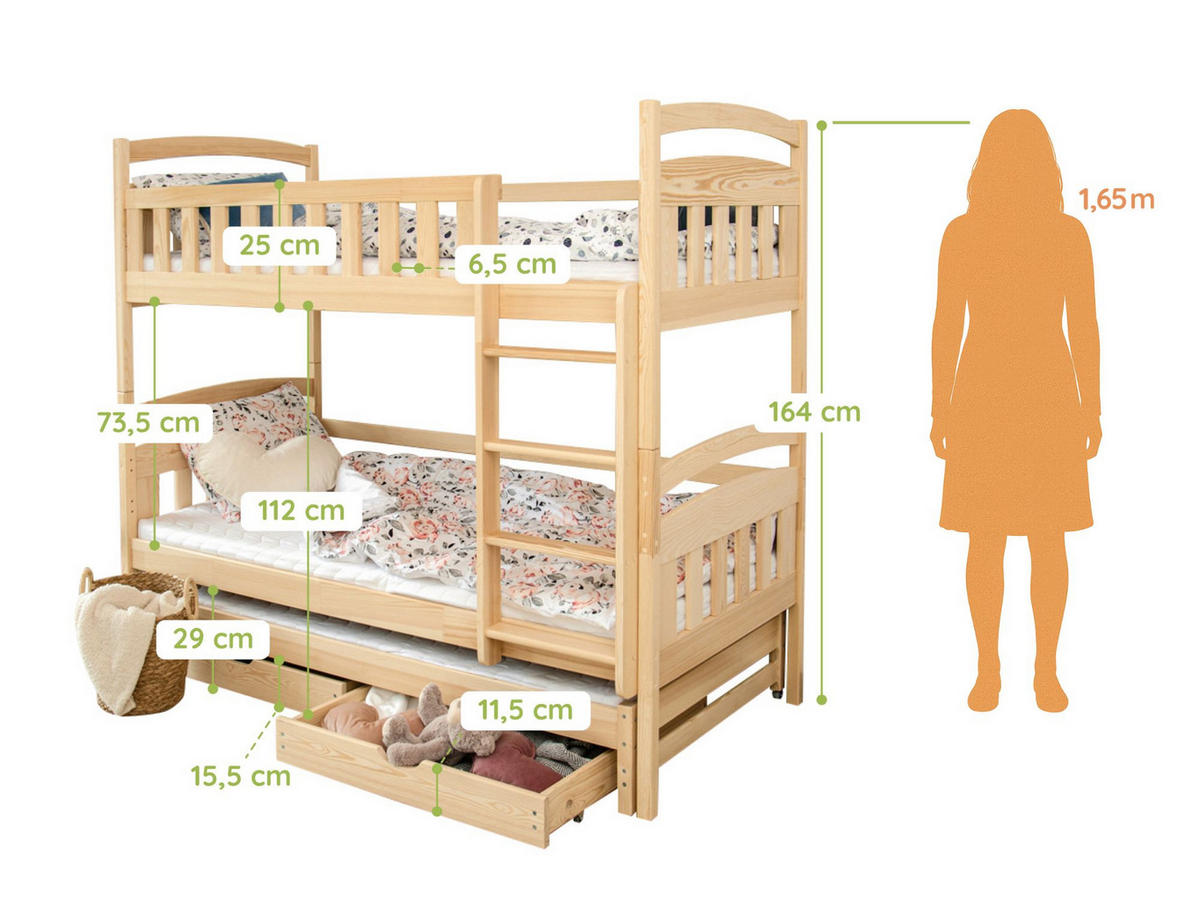 ETAGENBETT Ebba mit Ausziehbett und zwei Schubladen - Naturfarben, Holz (90/200cm) - Kids Collective