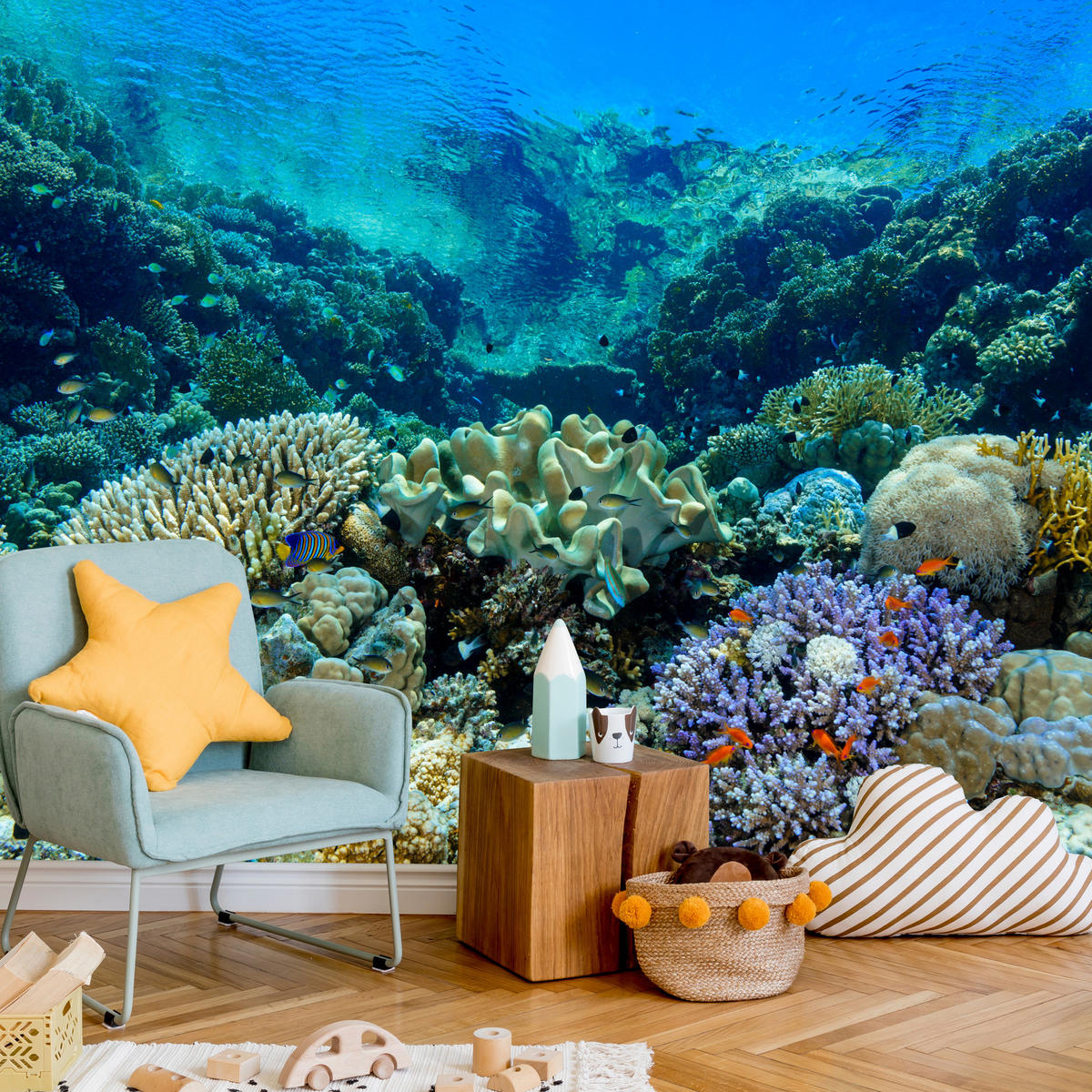 FOTOTAPETE Unterwasserwelt Korallenriff Bunte Fische Meer Natur 400x280 - Türkis/Gelb, Papier (400/280cm) - Muralo