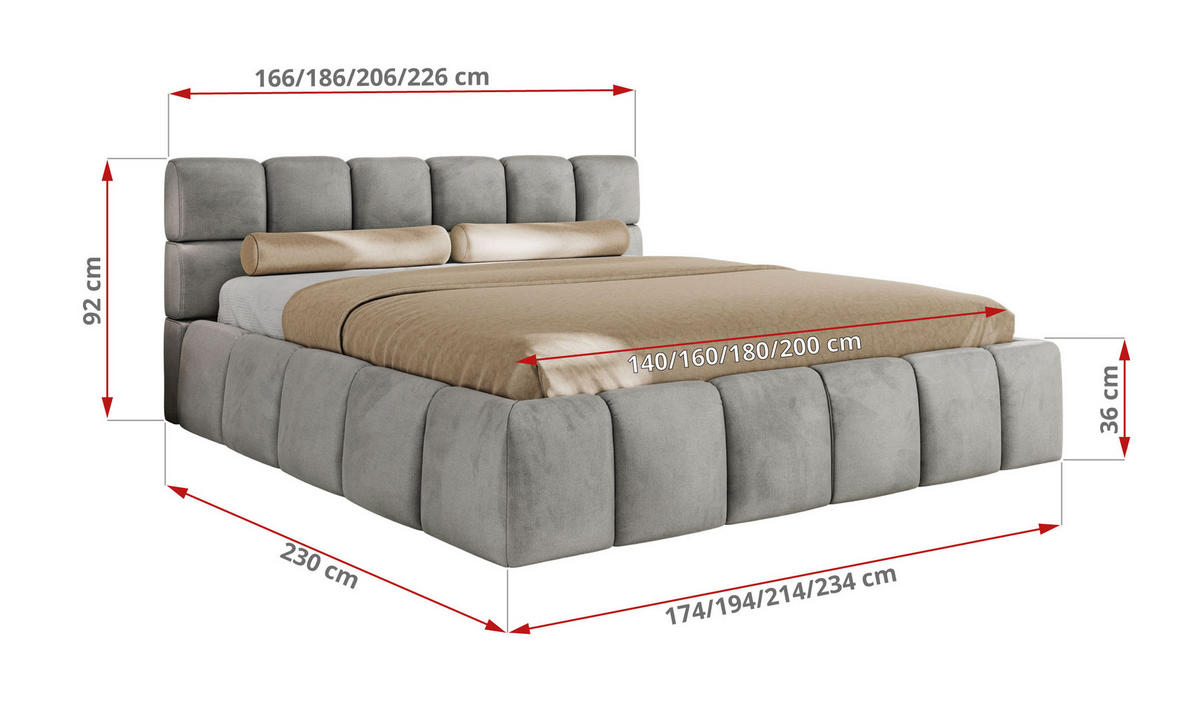 POLSTERBETT NIRA CLASSIC 180/200 - Hellgrau Velvet - Pocket-Matratze - Hellgrau, Textil (180/200cm) - MKS