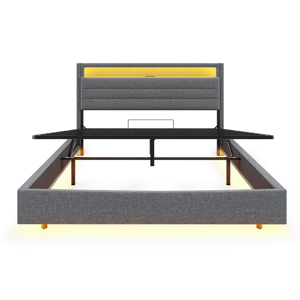 POLSTERBETT 140/200 cm mit LED-Beleuchtung, USB-Anschluss, drehbarem Kopfteil und hydraulischem Stauraum, Grau - Grau, Textil (140/200cm) - Redom