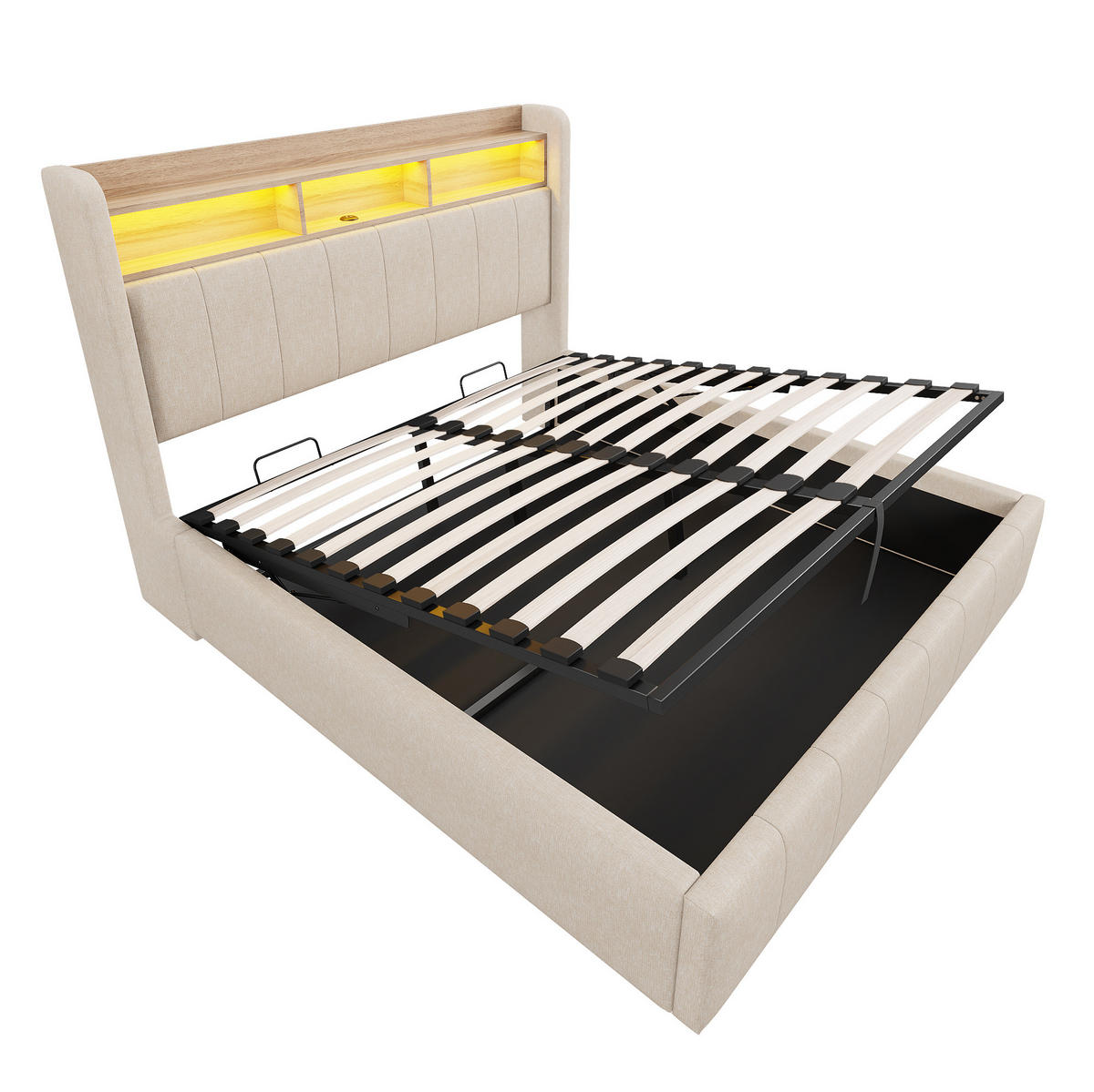 ČALÚNENÁ posteľ 140/200 cm s meniacim sa LED osvetlením, USB a Type-C portom, úložným priestorom, Béžová - béžová, textil (140/200cm) - Redom