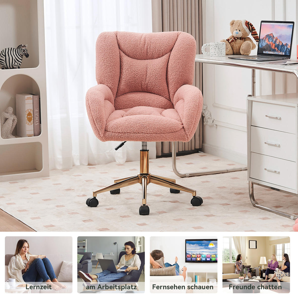 DREHSTUHL Teddy-Stoff höhenverstellbar und 360° drehbar 64/62/92.5 cm Rosa - Rosa, Textil (62/92.5/64cm) - Redom