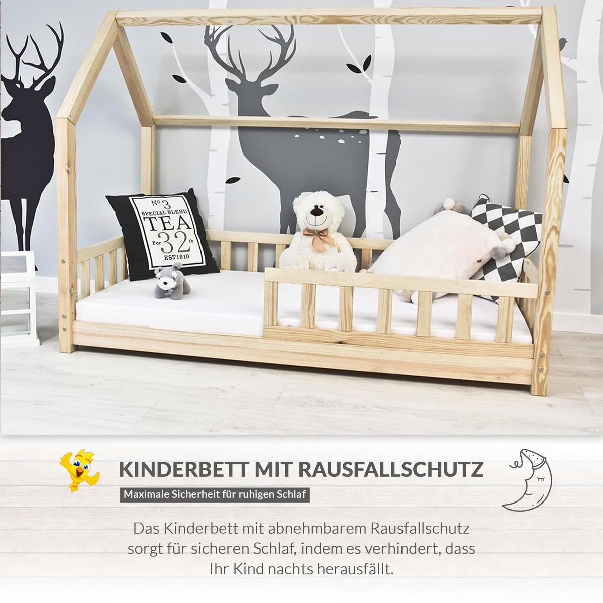 HAUBETT 90 x 200 cm mit Rausfallschutz, aus Massivholz Naturholz - Beige, Holz - Best for Kids