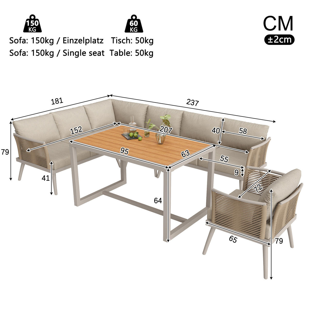 GARTENSETS aus Eisen Beige mit Couchtisch & 9 cm Polstern - Beige, Metall - Modfu