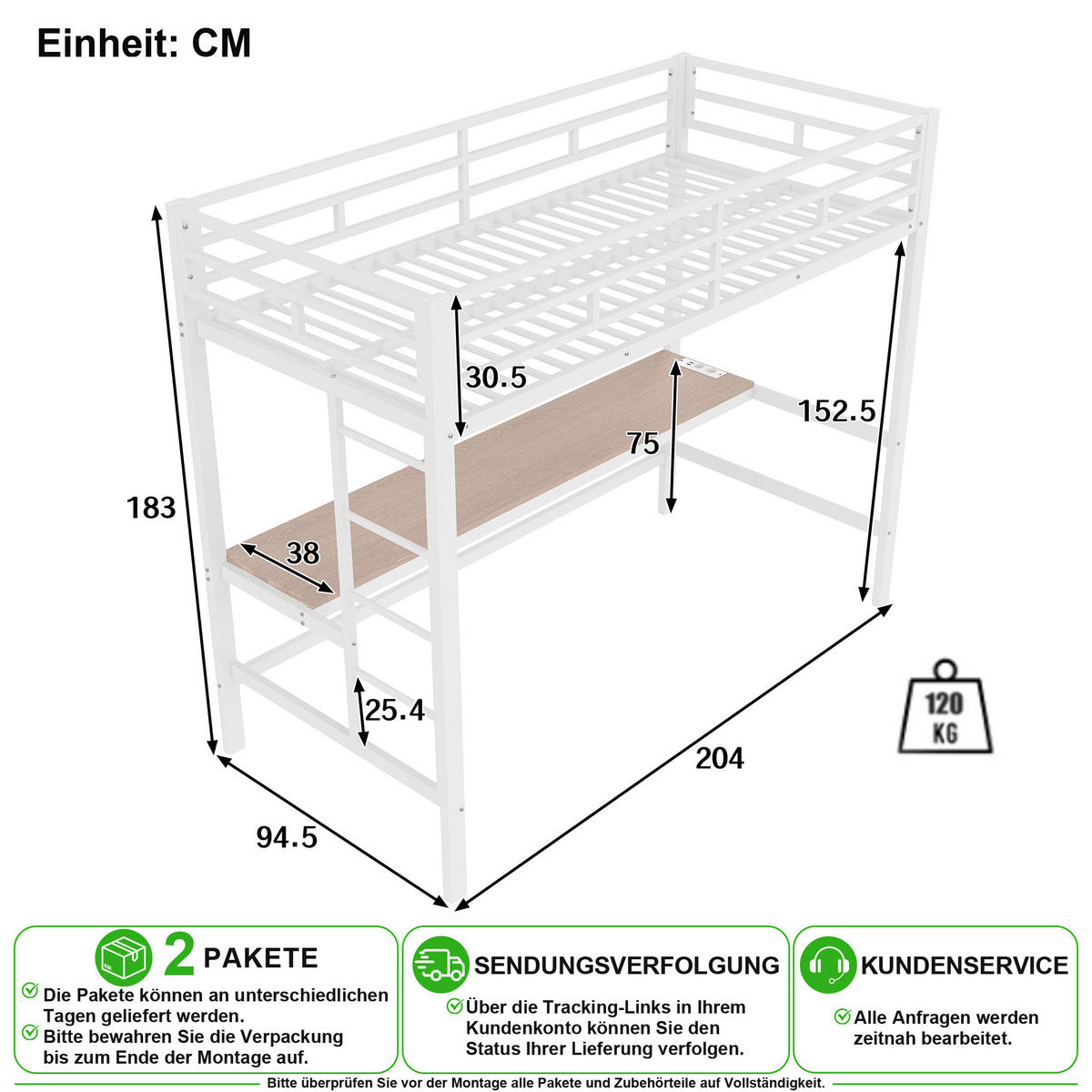 VYVÝŠENÁ POSTEL 90/200 cm v bílé barvě se stolem, LED osvětlením a USB - bílá, kov/kompozitní dřevo (90/200cm) - CHICFURN