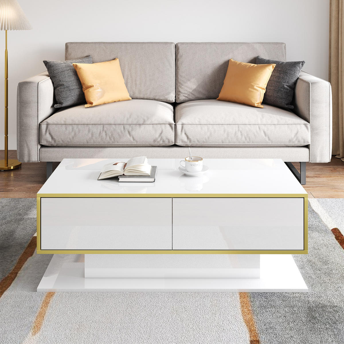 COUCHTISCH 100cm LED Hochglanz Gold 3 Schubladen modern - Weiß, Holzwerkstoff (100/50/40cm) - FLIEKS