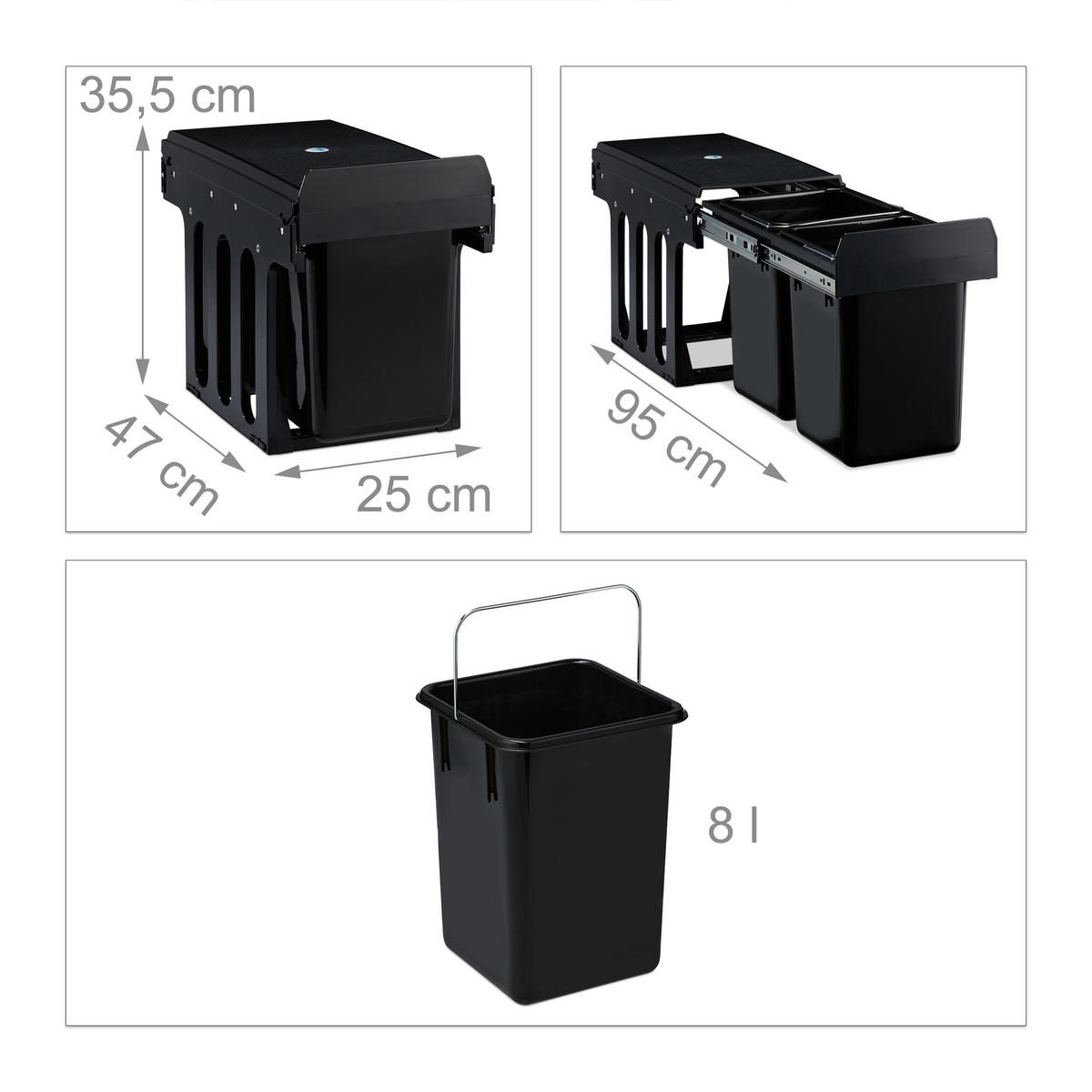 EINBAUMÜLLEIMER 2x8L - Schwarz, Kunststoff/Metall (25/35.5/47cm) - Relaxdays