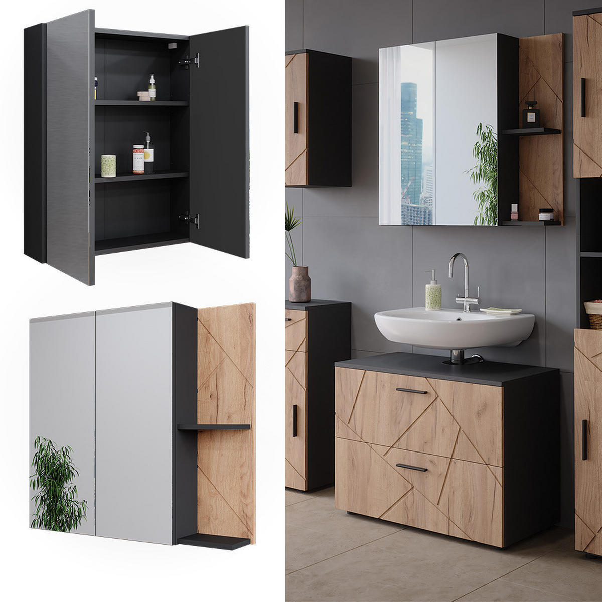 BADSPIEGELSCHRANK Irma Anthrazit/Goldkraft Eiche 80 x 75 cm - Honigeiche/Anthrazit, Holzwerkstoff (80/75/17.2cm) - Vicco