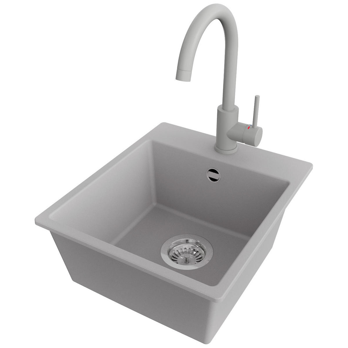 GRANITSPÜLE Riga Easy, 2-er set Grau 38/44 cm 1 Becken + Küchenarmatur 32/20 cm + Ablauf-Set ab 40er Unterschrank - Chromfarben/Grau, Kunststoff (38/19/44cm) - Primagran