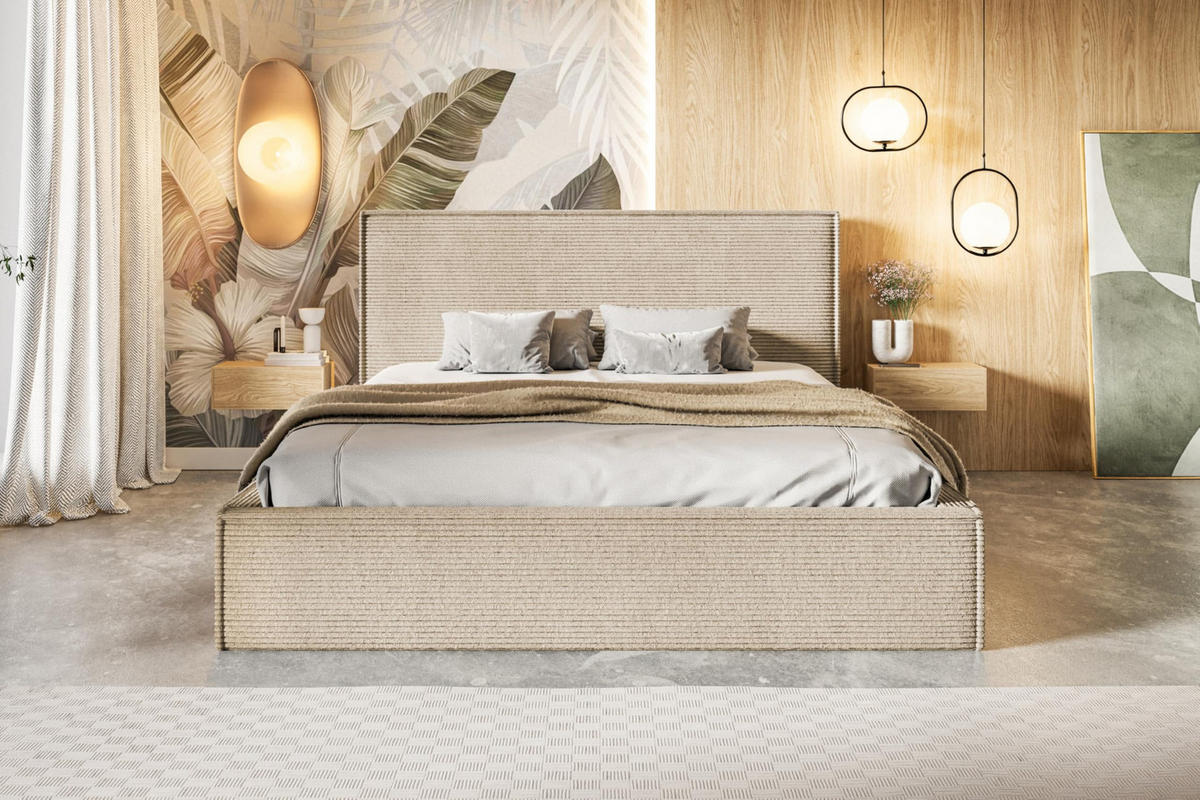 BETT 90x200 - Polsterbett mit Bettkasten und Holzrahmen - Modern Betten - Hochwertiger Poso-Stoff - Kollektion Milano - Dunkelbeige - Beige, Holz/Textil (90/200cm) - Alpi-Möbel