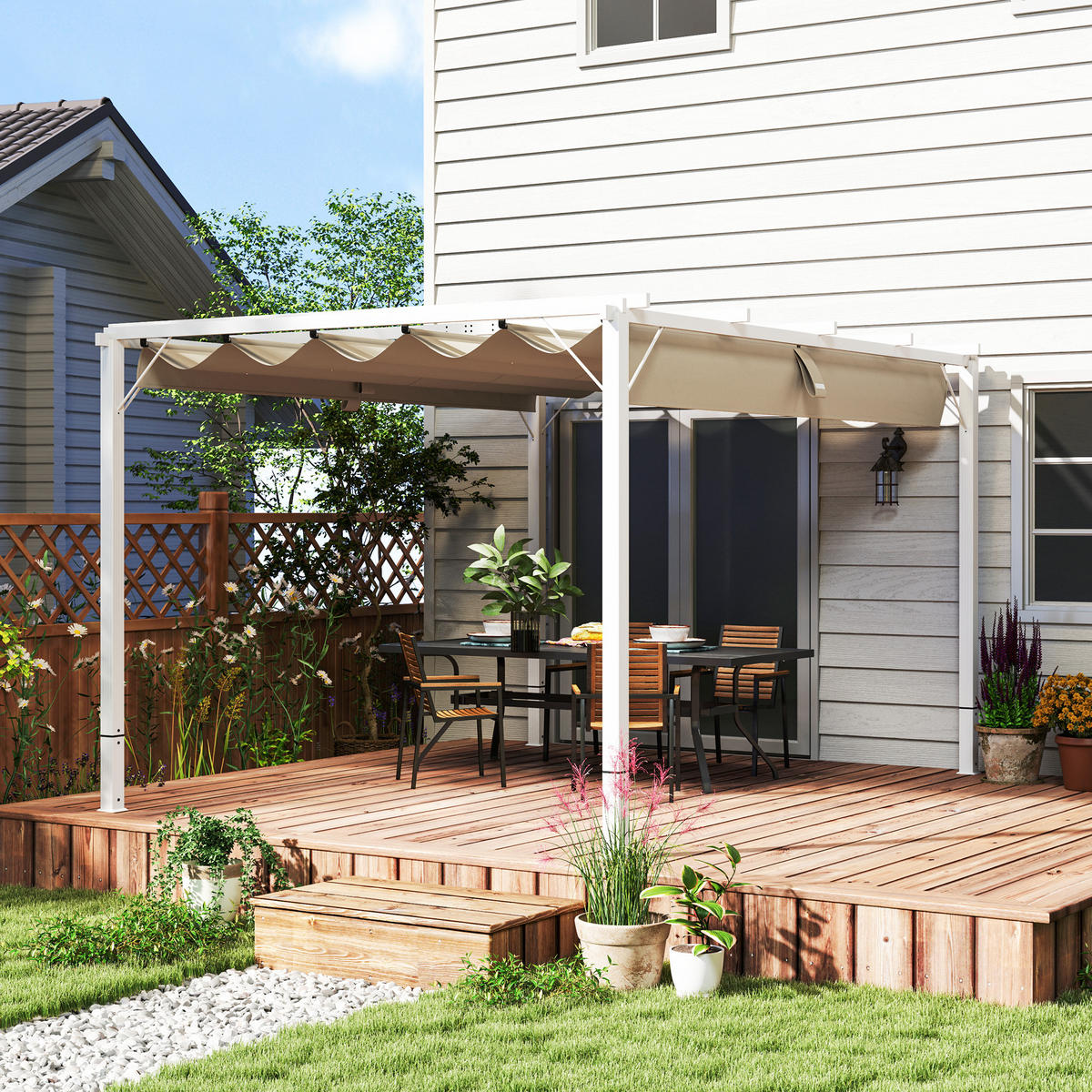 PERGOLA DE-12643 382/300/232 cm ausziehbar UPF30+ mit Magnet Weiß - Weiß, Metall (300/232/382cm) - ComfortXL