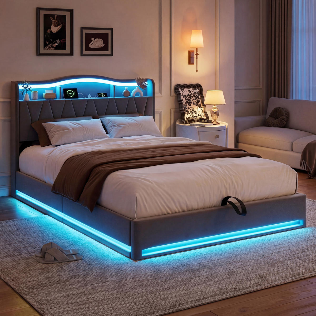 POLSTERBETT 160/200 cm grau mit Stauraum, LED und USB - Grau, Holz - SHOPENTRA