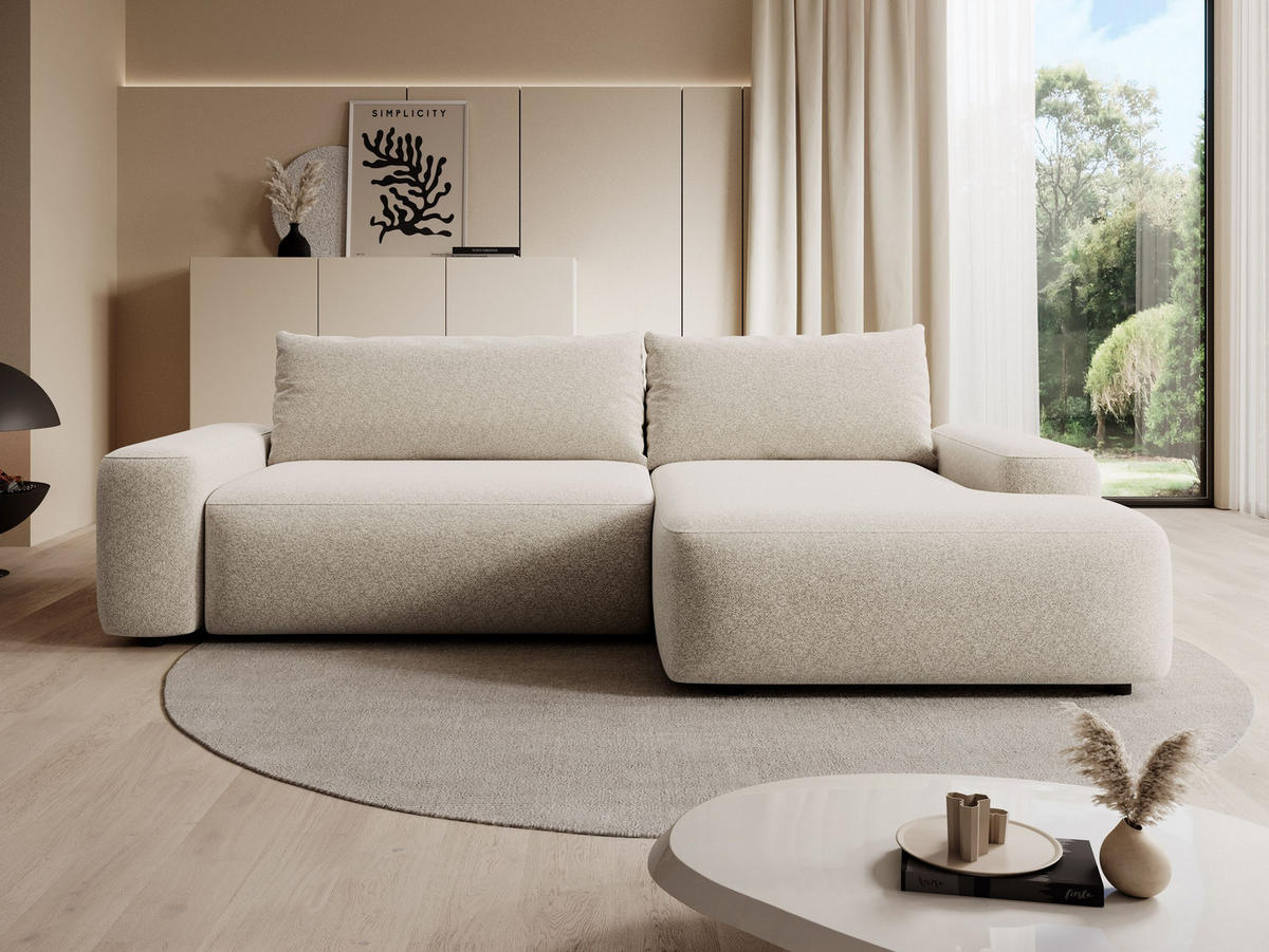 ECKSOFA RUOTA Creme Boucle-Stoff mit Schlaffunktion - Creme, Holz (264/162cm) - MASSENO