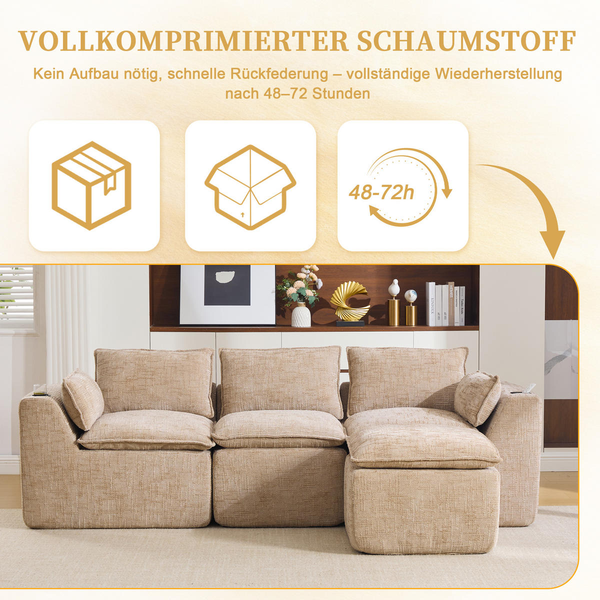 3-SITZER-SOFA aus Chenille, mit Fußhocker und Getränkehalter - Sandfarben, Textil (256/75/161cm) - Urban Meuble