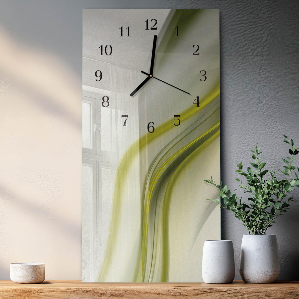 WANDUHR 60x30 cm - Blumenmuster - Grün, Glas (30/60/0.4cm) - TULUP