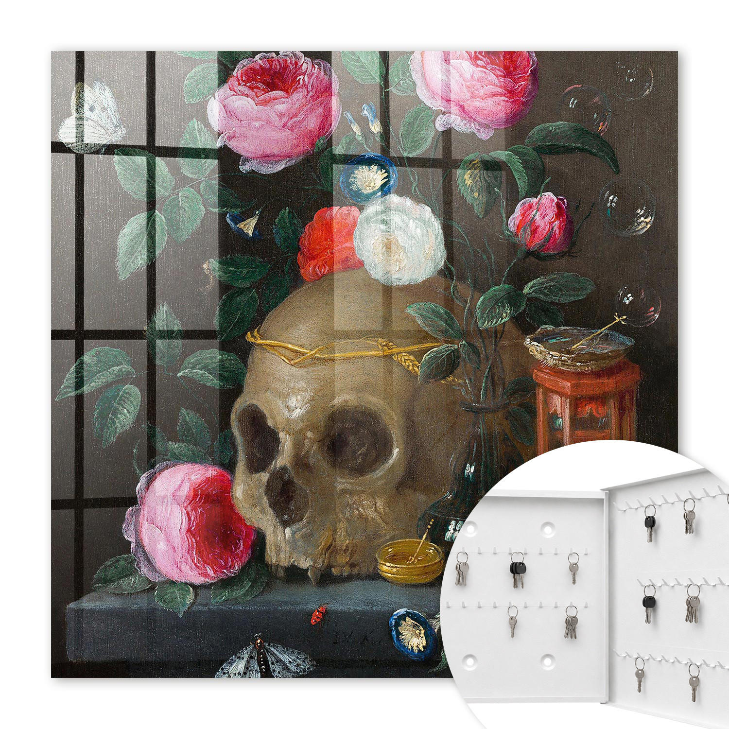 SCHLÜSSELBOX Weiß 30x30 cm – Türöffnung nach rechts - Totenkopf und Blumen - Grün, Metall (30/30/5cm) - TULUP