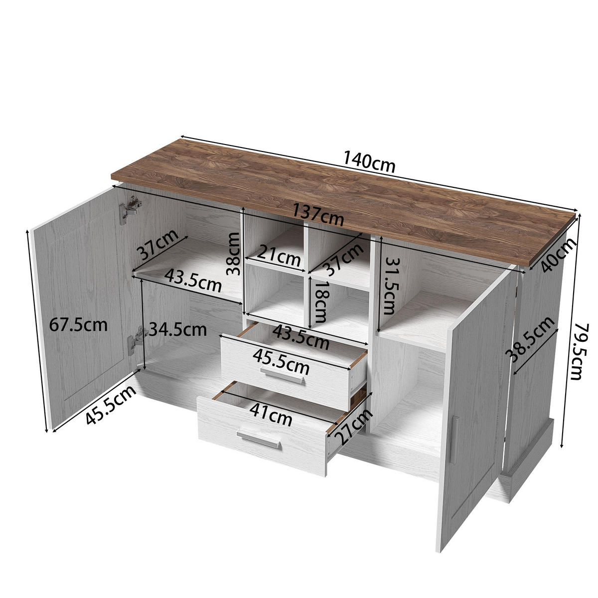 SIDEBOARD in Weiß und Braun Anrichte mit Türen und Schubladen für Wohnzimmer und Schlafzimmer, B140/T40/H79.5 cm - Weiß/Braun, Holzwerkstoff/Metall (140/79.5/40cm) - STILVORA