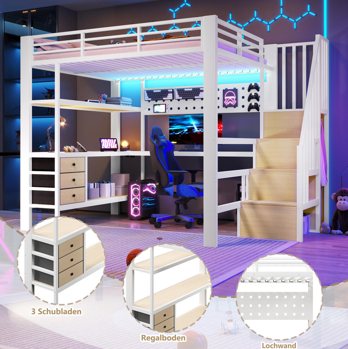 VYSOKÁ posteľ 140/200 cm biela z kovu a MDF s písacím stolom zásuvkami LED osvetlením a zásuvkou - biela, kompozitné drevo (140/200cm) - OKWISH