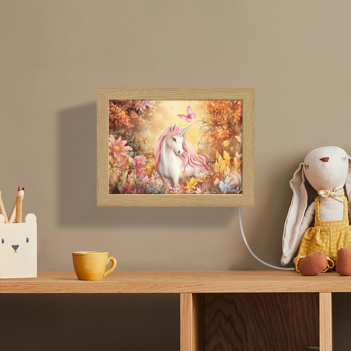 NÁSTĚNNÁ LAMPA Jednorožec - Květiny - Motýl - Růžová 20x15 cm - béžová, kompozitní dřevo (20/15/8cm) - OnlyWow