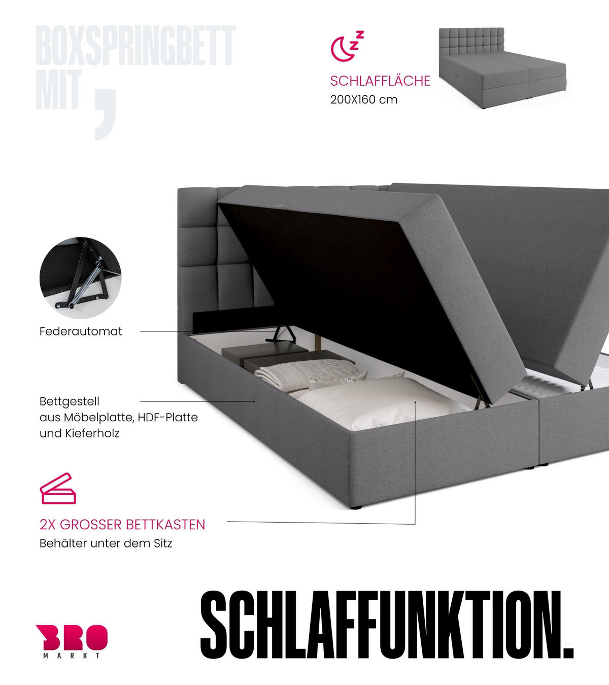 BOXBETT Dakota mit Topper 160/200 Hellgrau - Hellgrau, Textil (160/200cm) - Bromarkt