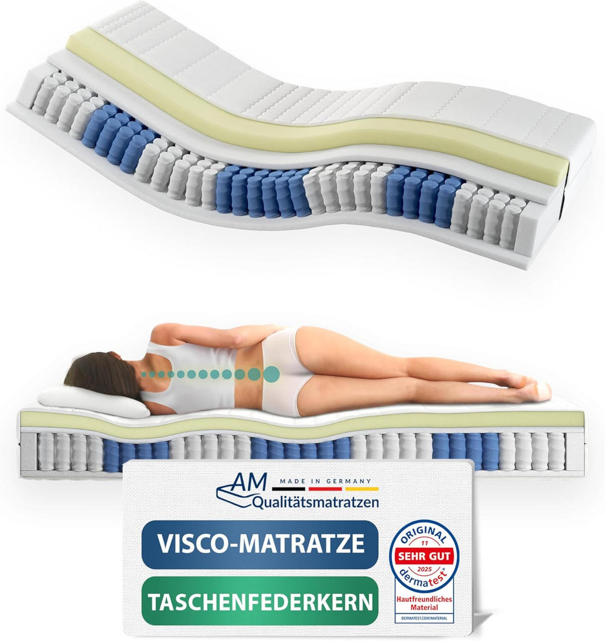 VISCO TASCHENFEDERKERNMATRATZE 160/200 cm H3 - 24cm Höhe & Tencel Bezug - Weiß, Textil (160/200cm) - AM Qualitätsmatratzen