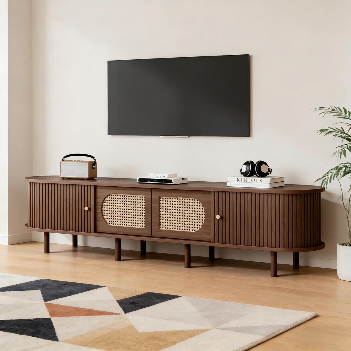 TV-SCHRANK Oval Lowboard Nussbaum Rattan 180cm Modern - Eichefarben, Holzwerkstoff (180/40/40cm) - FLIEKS