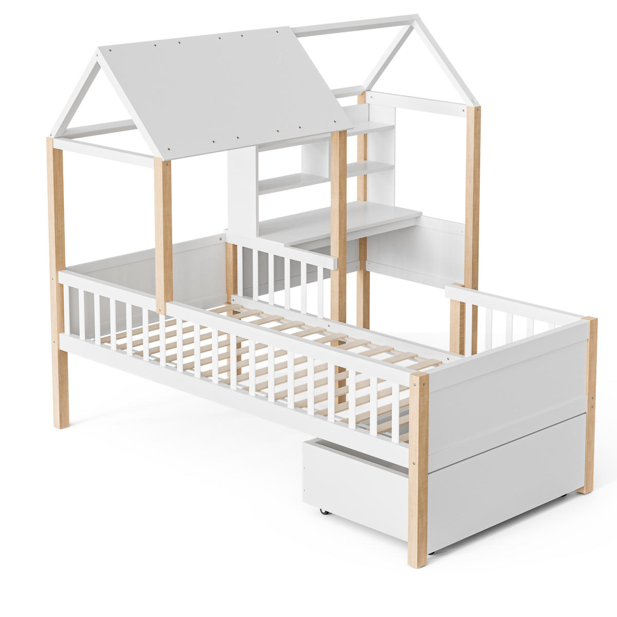 HAUSBETT 90/200 cm in Weiß – mit Schreibtisch, Regal und Rausfallschutz - Weiß, Holz (90/200cm) - BEAOK